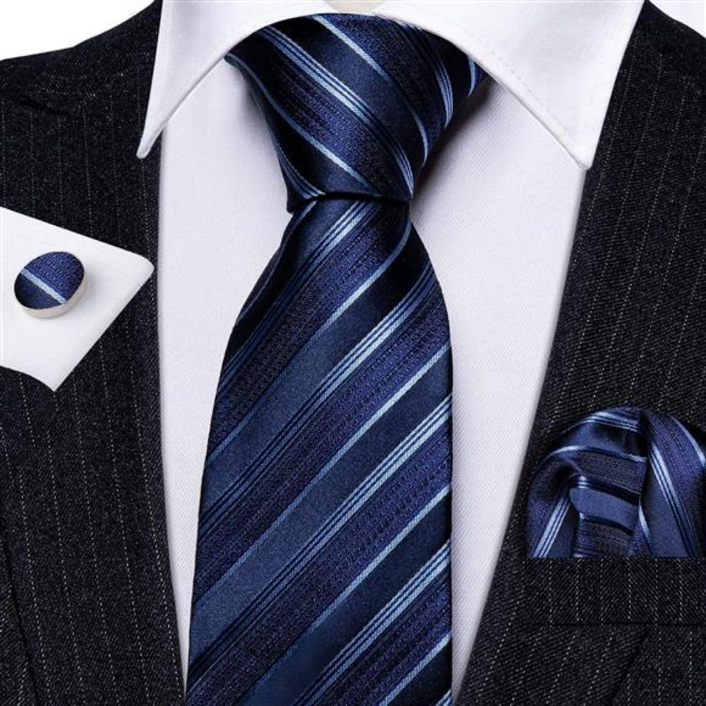 Men Ties Set Stripe Classic Woven Necktie With Handkerchief Cufflinks
